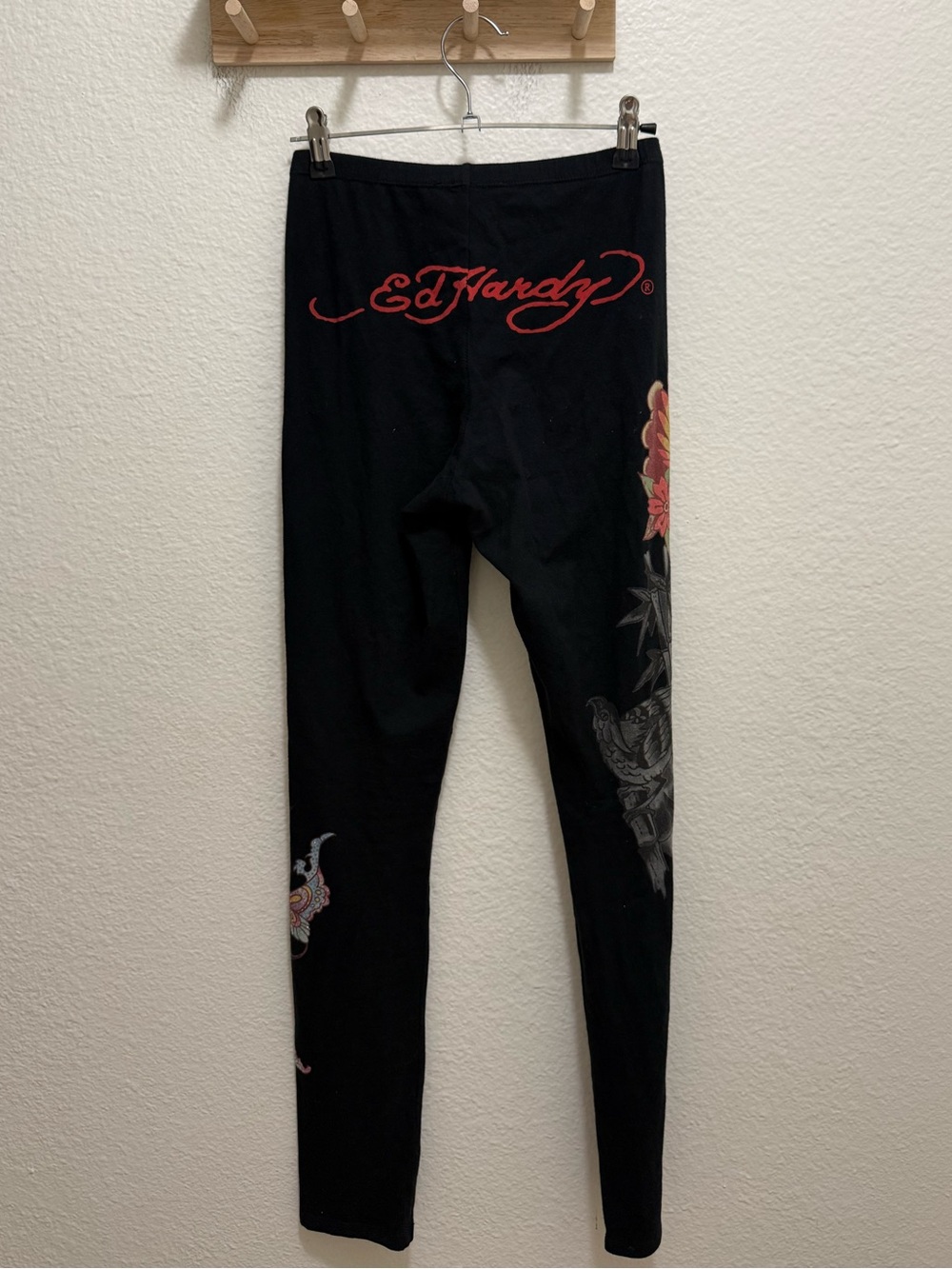 Vintage Ed Hardy Christian Audigier Black Butterfly Rhinestone Leggings Y2K M